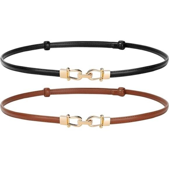 Leather Women Belt Thin Waist Belts up to 37 Inches with Golden Buckle 2 Pack - Picture 7 of 7